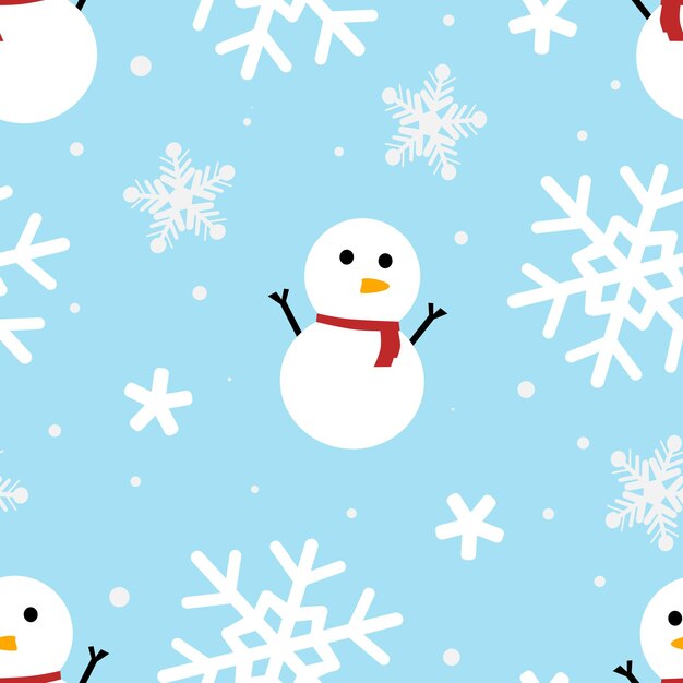 Patrón de navidad sin costuras con lindo muñeco de nieve y copos de nieve. personajes de dibujos animados en navidad.
