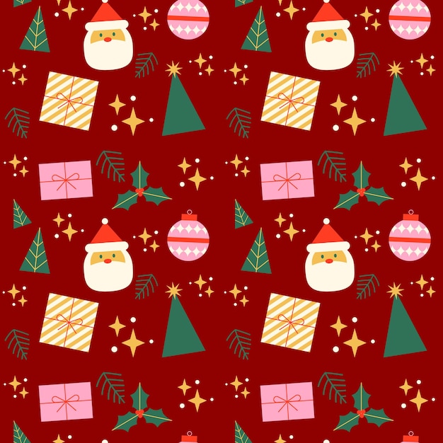 Patrón de Navidad sin costuras minimalista con Santa Claus Star Árboles de Navidad Caja de regalos y Snowf
