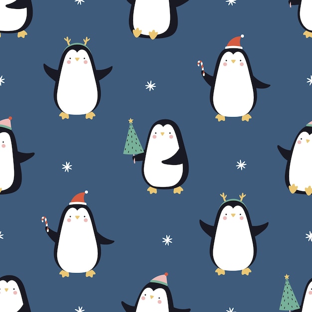 Patrón de Navidad sin costuras con pingüinos divertidos en un fondo azul