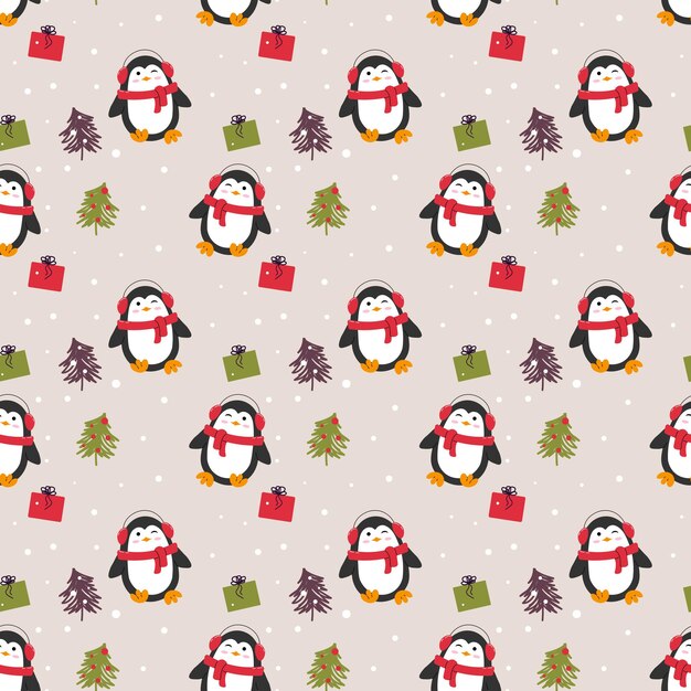 Patrón de Navidad sin costuras con pingüinos lindos Regalos de árboles de Navidad Ilustración vectorial Se puede usar para imprimir en textiles papel de envoltura de ropa para niños 39 tarjetas de felicitación de Navidad