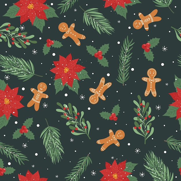Patrón de Navidad sin costuras con ramas de árboles, hombre de pan de jengibre, estrella de Navidad, Vector para imprimir