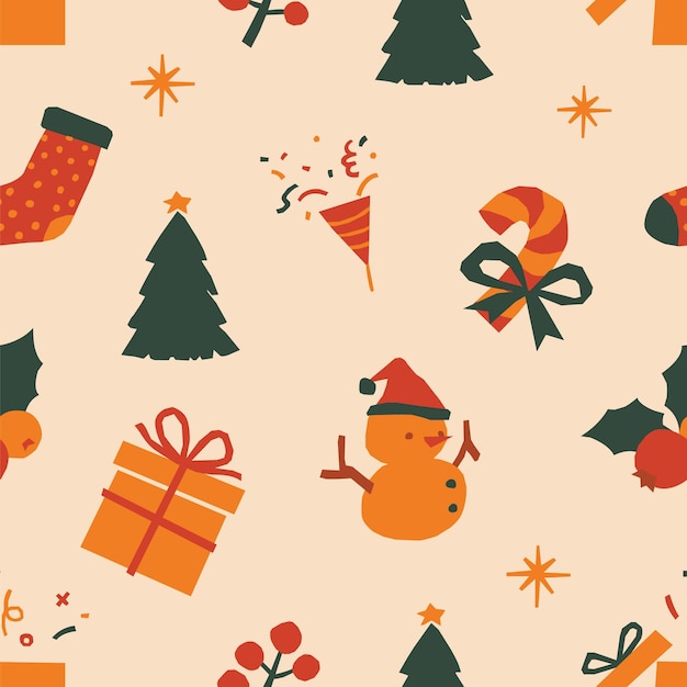 Patrón de Navidad sin costuras sobre fondo de color beige. Ilustración vectorial de símbolos de vacaciones de invierno