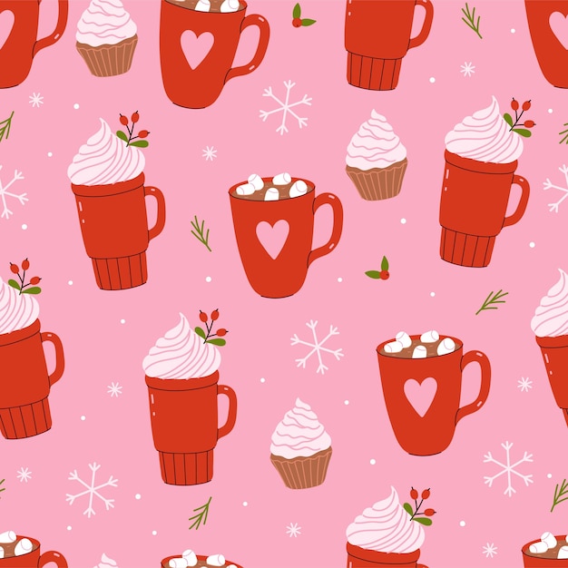 Patrón de Navidad sin costuras con tazas rojas con bebidas de invierno