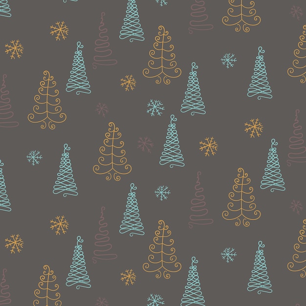 Patron para navidad dibujado a mano con abetos y copos de nieve. Año nuevo. Ilustración de Doodle