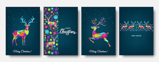 Patrón de navidad y feliz año nuevo. reno de navidad poligonal y copos de nieve. decoración de árbol de colores brillantes sobre fondo azul.plantilla de vector para portada, tarjeta de felicitación.