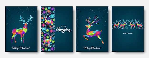 Patrón de Navidad y feliz año nuevo. Reno de Navidad poligonal y copos de nieve. Decoración de árbol de colores brillantes sobre fondo azul.Plantilla de vector para portada, tarjeta de felicitación.