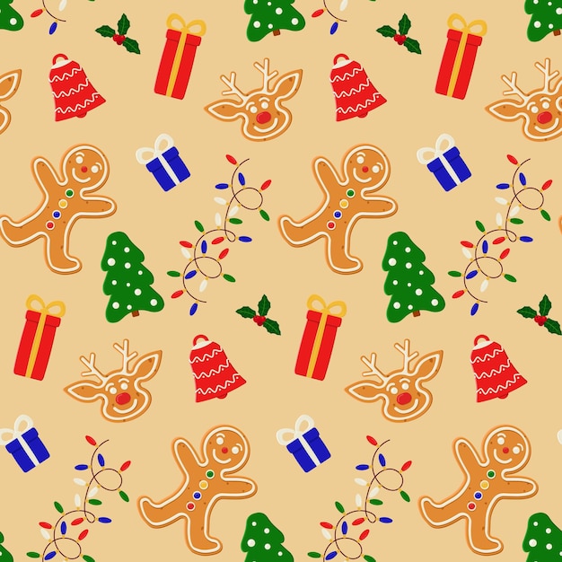 Patrón de Navidad sin fisuras con guirnalda de luces de campana de regalos de árbol de galletas de jengibre