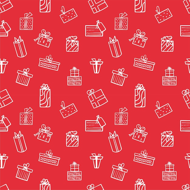 Patrón de navidad sin fisuras con iconos de regalos blancos sobre fondo rojo. el patrón de invierno se puede usar para envolver papel. ilustración vectorial