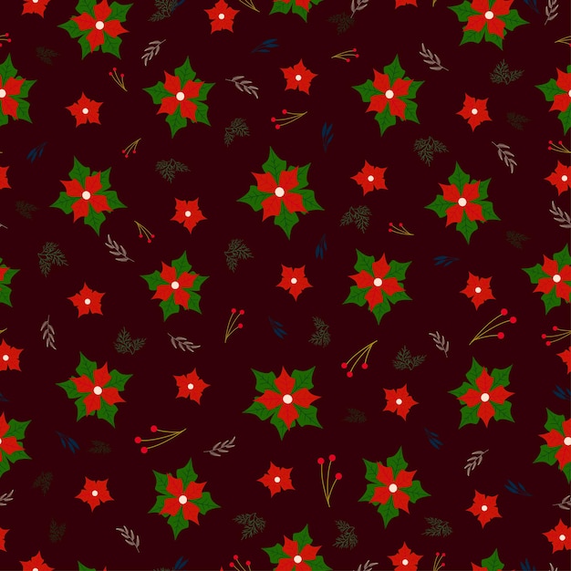 Patrón de Navidad con flores rojas y bayas sobre un fondo burdeos