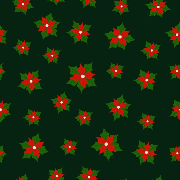 Vector patrón de navidad con flores rojas sobre un fondo verde