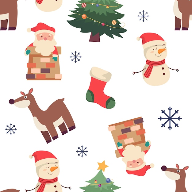 patrón de Navidad. fondo vectorial con renos, santa, árbol de navidad, muñeco de nieve y copo de nieve