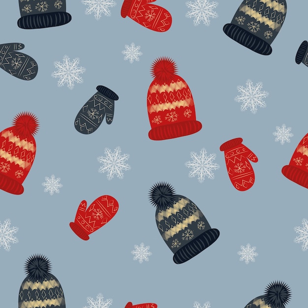 patrón de Navidad. Gorro de invierno y mitones. Ilustración vectorial de alta calidad.