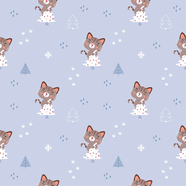 El patrón de Navidad de invierno de Año Nuevo con un gato en un árbol de Navidad sobre un fondo azul