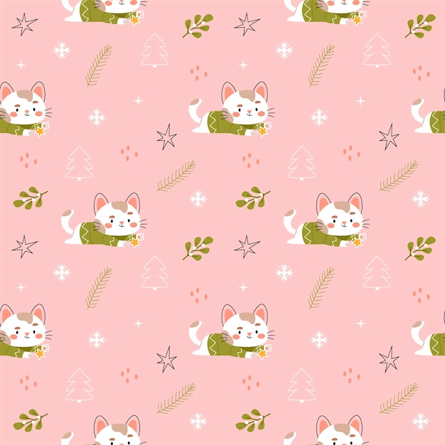 Patrón de Navidad de invierno de Año Nuevo con un gato blanco y una estrella en un fondo rosa