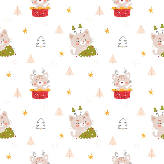 Patrón de Navidad de invierno de Año Nuevo con un gato gris y un árbol de Navidad sobre un fondo blanco