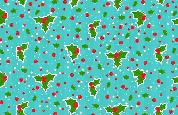 Patrón de Navidad de invierno de Año Nuevo con hojas de acebo y bayas rojas en fondo rayado