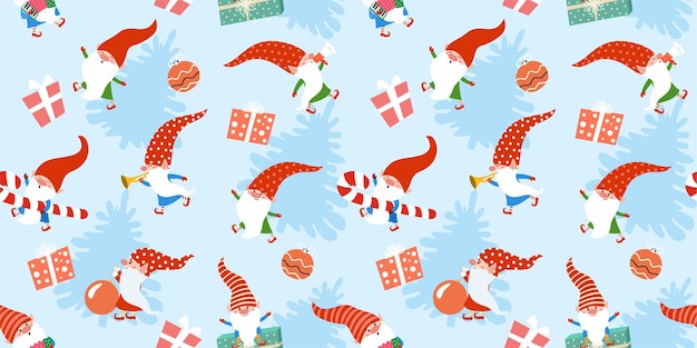 Patrón de navidad de invierno con divertidos gnomos y regalos vector textura perfecta