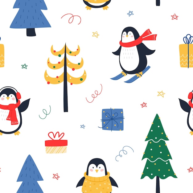 Patrón de Navidad con lindos pingüinos y árboles de Navidad Dibujo vectorial sobre un fondo blanco Para diseño digital textil de papel de scrapbooking