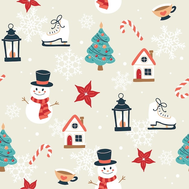 Patrón de Navidad con muñecos de nieve, árbol de Navidad, casas, linternas. Fondo festivo con elementos dibujados a mano, ilustración vectorial