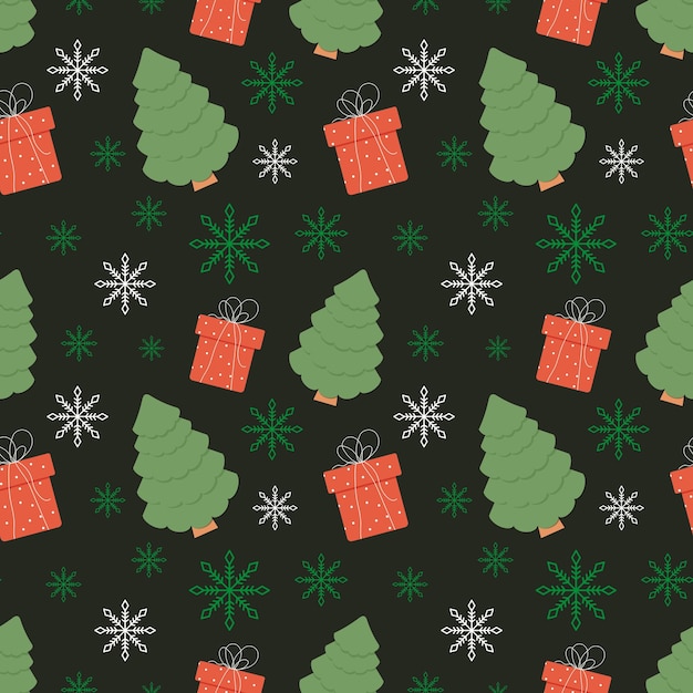Patrón de Navidad con un regalo un árbol y copos de nieve Vector textura sin costuras