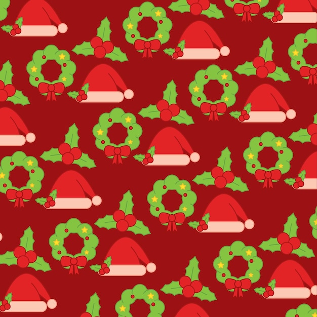 Patrón de Navidad con sombreros de Santa y vector de holly