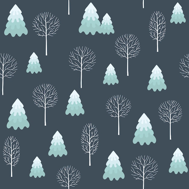 Patrón de Navidad transparente de invierno para papel de embalaje de diseño, postal, textiles. El patrón con la imagen de abetos, árboles, arbustos cubiertos de nieve.