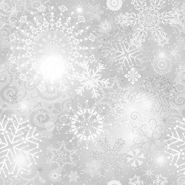 Patrón de Navidad transparente vector plateado con copos de nieve y estrellas