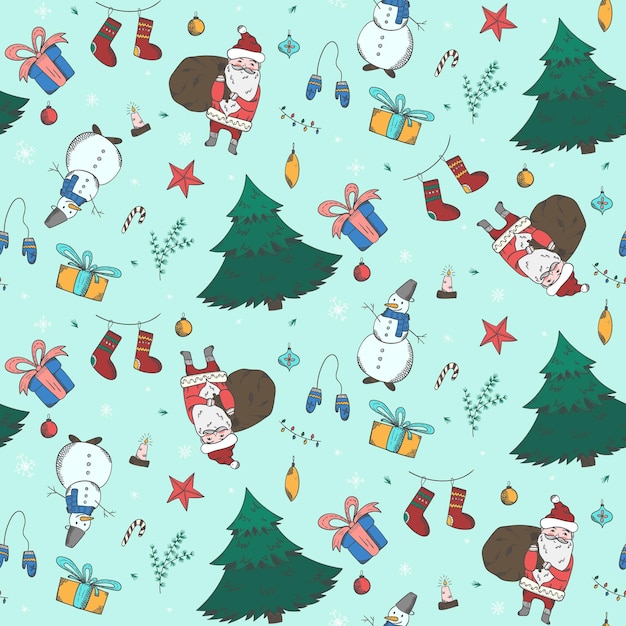Patrón de Navidad verde claro con elementos de doodle