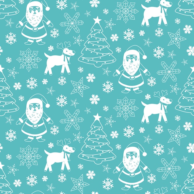 Patrón navideño azul y blanco con Papá Noel, árbol de Navidad, renos y copos de nieve.
