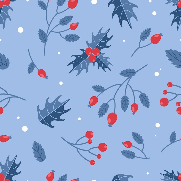 Patrón navideño Bayas de invierno rosa mosqueta acebo Rojo y azul Para envoltura de tela de papel tapiz