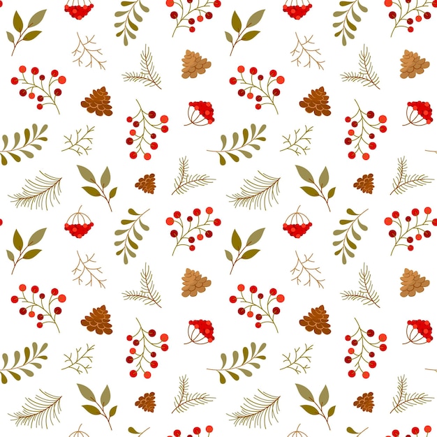 Patrón navideño botánico sombra cálida baya rama plana Viburnum abeto planta hoja cono de pino baya roja invierno otoño patrón tradicional vacaciones diseño telón de fondo impresión textil envoltura papel tela temporadas
