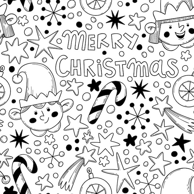Patrón navideño con cajas de regalo estrellas bastones de caramelo y copos de nieve en estilo garabato