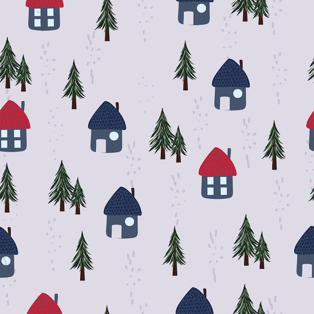 Patrón navideño con casas en el bosque con árboles de Navidad. Imagen vectorial de alta calidad.