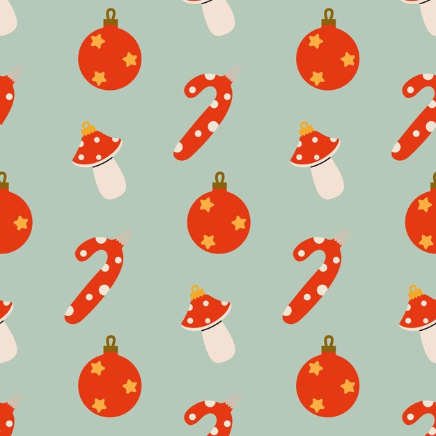 Patrón navideño colorido con adornos, bastones de caramelo y setas en un fondo claro