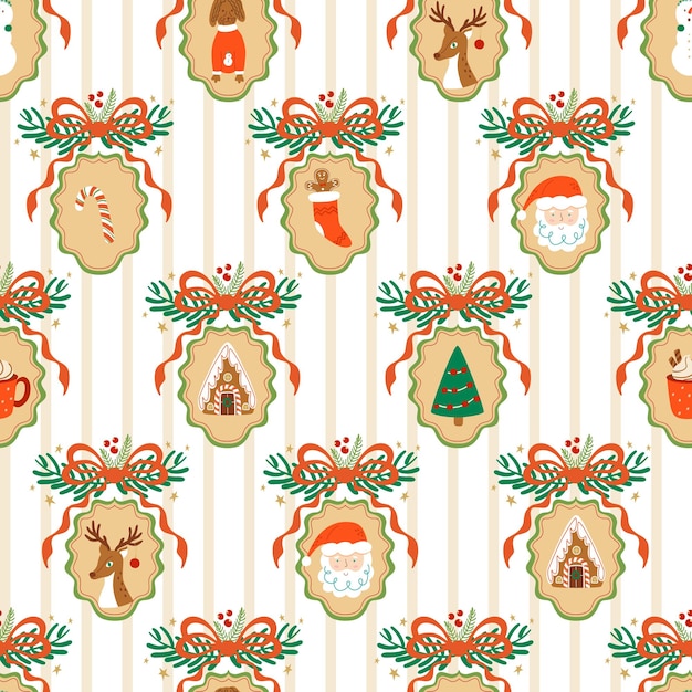 Patrón navideño coquete con cinta de lazo elementos de vacaciones de invierno lindo impresión vectorial a rayas grandmillennial