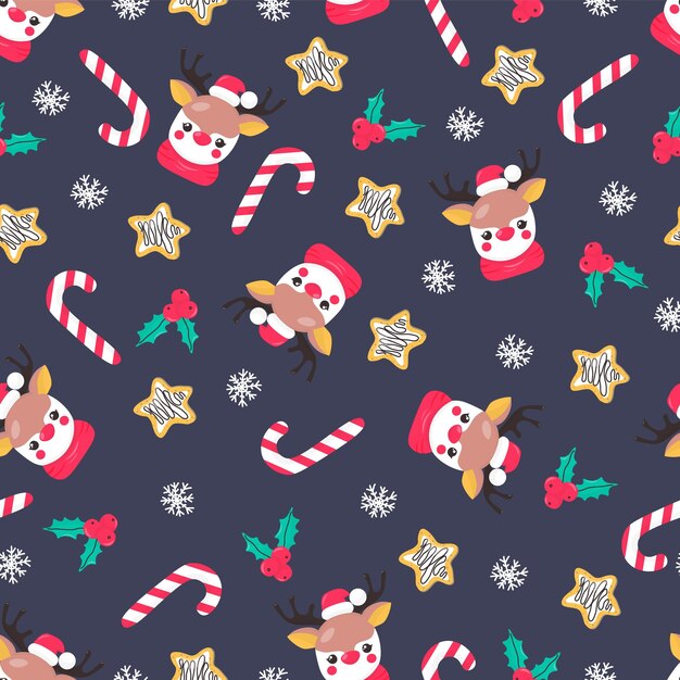 Patrón navideño sin costuras con cara de ciervo, galleta, acebo, caña de azúcar y copo de nieve