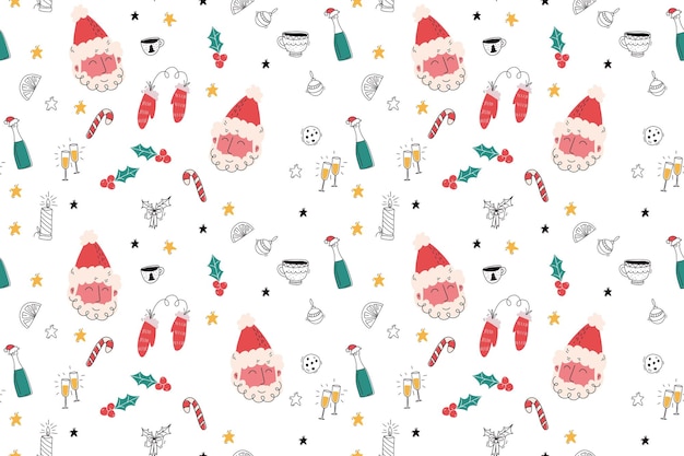 Patrón navideño sin costuras con caras de Papá Noel dibujadas a mano, guantes, hojas de acebo, bastones de caramelo, velas de champán y elementos festivos sobre un fondo blanco, perfectos para diseños navideños y papel de envolver.