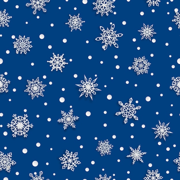 Patrón navideño sin costuras de copos de nieve de papel con sombras suaves sobre fondo azul
