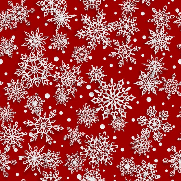 Patrón navideño sin costuras de copos de nieve de papel con sombras suaves sobre fondo rojo