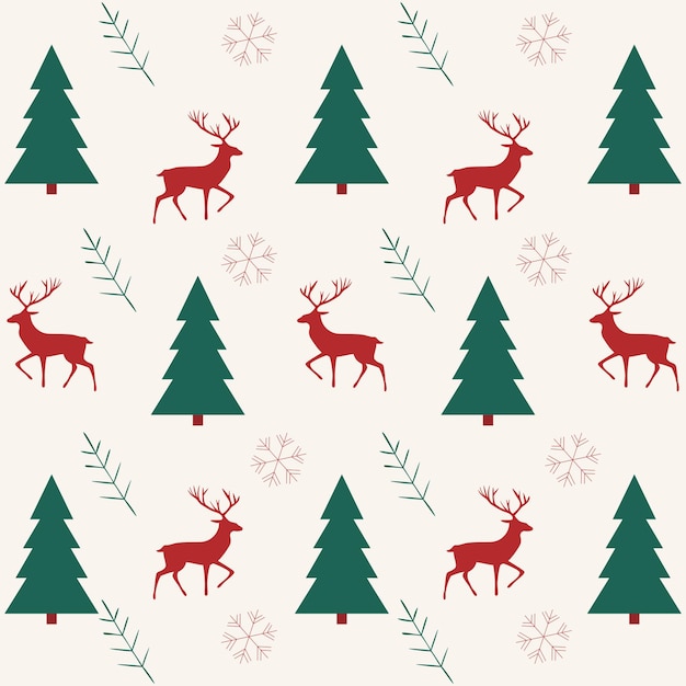 Patrón navideño sin costuras con copos de nieve de renos y árbol de Navidad Ilustración plana vectorial