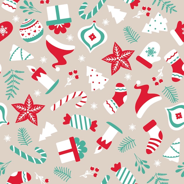 Patrón navideño sin costuras Diferentes elementos navideños