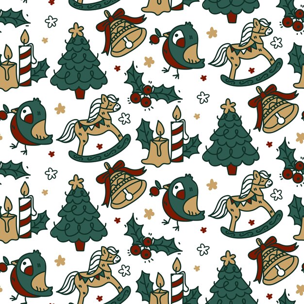 Patrón navideño sin costuras con elementos festivos y contorno verde Textura festiva de las vacaciones