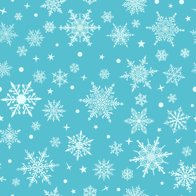 Patrón navideño sin costuras de hermosos copos de nieve complejos en colores azul claro y blanco Fondo de invierno con nieve que cae