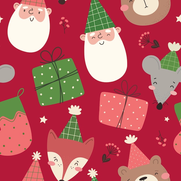 Patrón navideño sin costuras con personajes de dibujos animados y regalos Ilustración vectorial en estilo plano