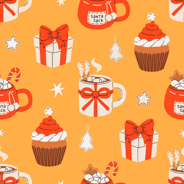 Patrón navideño sin costuras con regalo de galleta de jengibre de bebida de cacao y piruleta Ilustración vectorial para papel de papel de envoltura de postales textiles T-shirt de libro de fondo