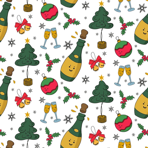Patrón navideño con una decoración tradicional kawaii linda Diseño navideño en estilo infantil plano