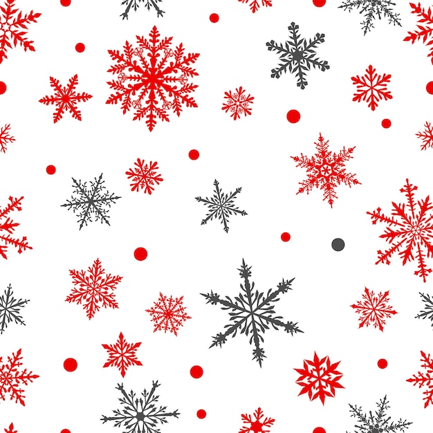 Patrón navideño sin fisuras de complejos copos de nieve grandes y pequeños en colores rojo y gris sobre fondo blanco