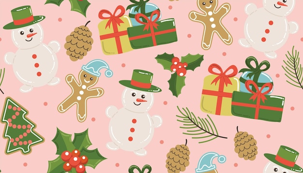 Patrón navideño con hombre de pan de jengibre y muñeco de nieve de bayas y regalos en un fondo rosa
