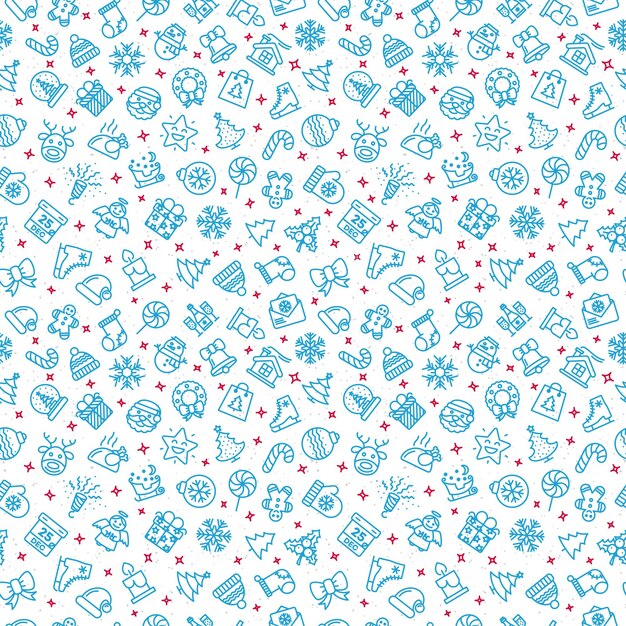 Patrón navideño que consiste en iconos de color de línea navideña como santa ciervo bola navideña regalo copo de nieve en el fondo de vacaciones de invierno Feliz Navidad Feliz Año Nuevo Ilustración vectorial