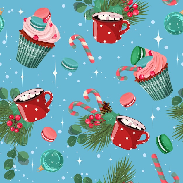 Patrón navideño con ramas de abeto y dulces